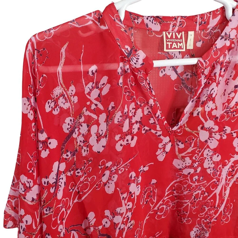 Vivienne Tam NWT Size 1X Blouse Semi Sheer Popover Cover-up Flutter Floral Red - Picture 6 of 12
